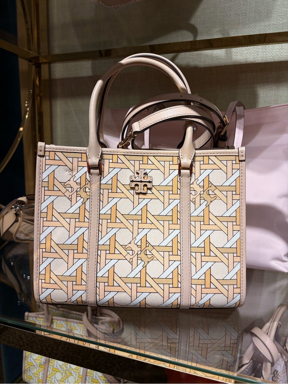 Tory Burch brake patten Canvas Tote with Tan Leather in orange color new